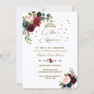 Charm Burgundy Floral Gold Mis Quince Quinceañera Invitation