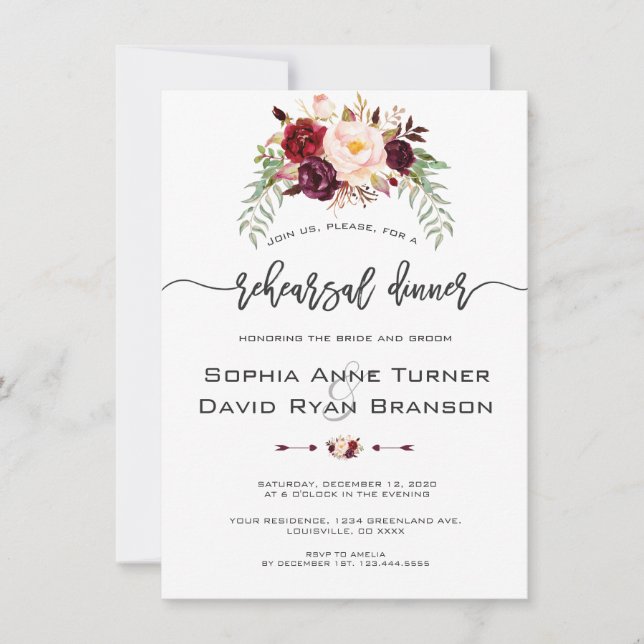 Charm Burgundy Floral Handwriting Rehearsal Dinner Invitation (Front)