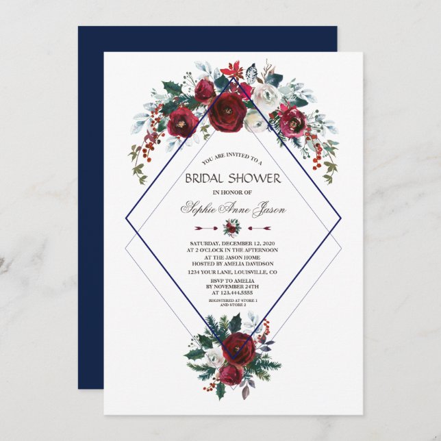 Charm Burgundy Floral Navy Blue Bridal Shower Invitation (Front/Back)