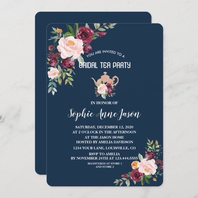Charm Burgundy Floral Navy Bridal Shower Tea Party Invitation (Front/Back)