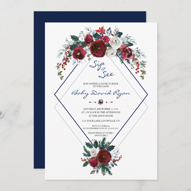 Charm Burgundy Floral Navy Sip & See Baby Shower Invitation (Front/Back)