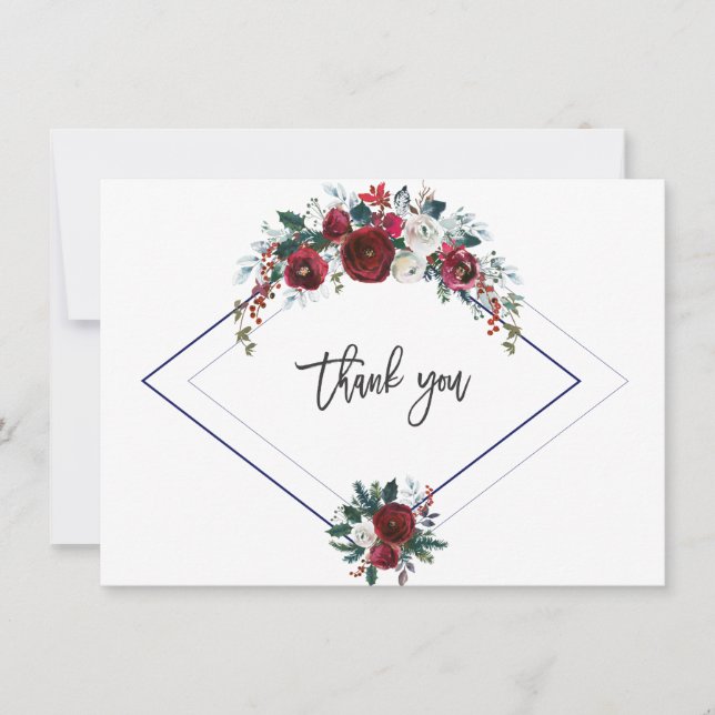 Charm Burgundy Floral Pine Navy Wedding Thank you Card (Front)