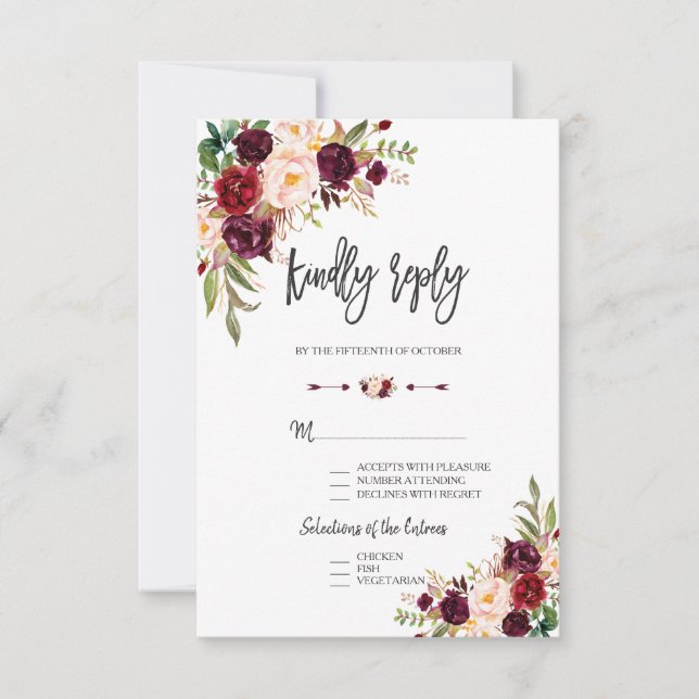 Charm Burgundy Floral Wedding Handwriting RSVP (Front)