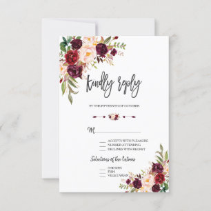 Charm Burgundy Floral Wedding Handwriting RSVP Card
