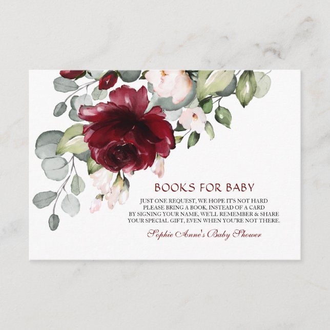 Charm Burgundy Flowers Books For Baby Shower Enclosure Card (Front)