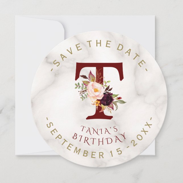 Charm Burgundy Flowers Gold Marble Photo Birthday Save The Date (Front)
