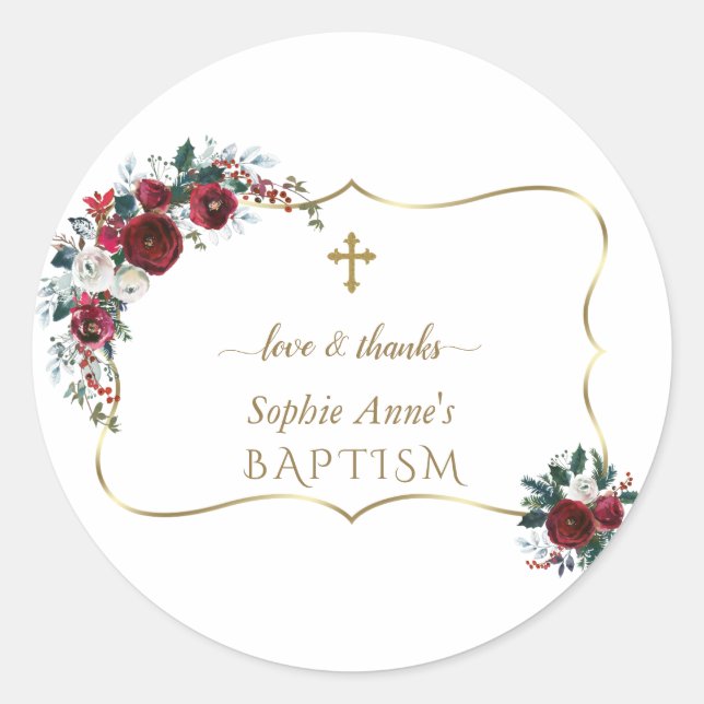 Charm Burgundy Flowers Gold Pine Baptism  Classic Round Sticker (Front)