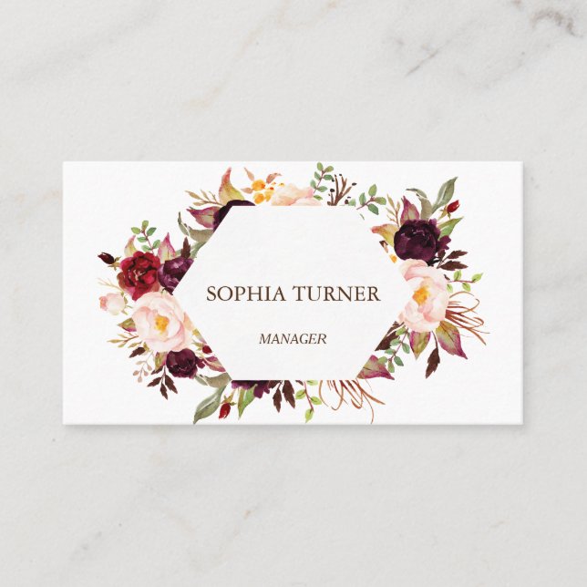 Charm Burgundy Marsala Floral Geometric Business Card (Front)