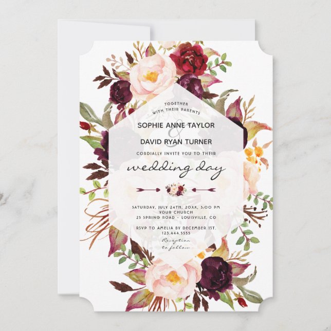 Charm Burgundy Marsala Floral Geometric Wedding Invitation (Front)