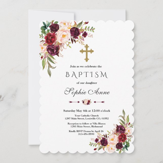 Charm Burgundy Marsala Floral Girl Baptism Invitation (Front)