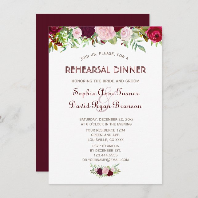 Charm Burgundy Marsala Floral Rehearsal Dinner Invitation (Front/Back)
