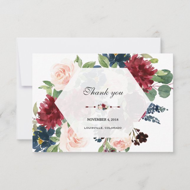 Charm Burgundy Navy Blue Floral Hexagon Frame Thank You Card (Front)