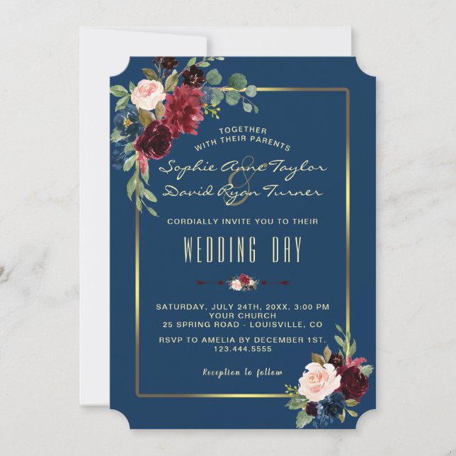 Charm Burgundy Navy Floral Golden Frame Wedding Invitation (Front)