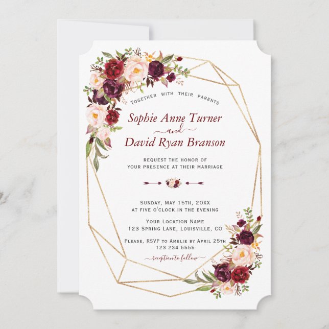 Charm Burgundy Pink Floral Gold Frame Wedding Invitation (Front)