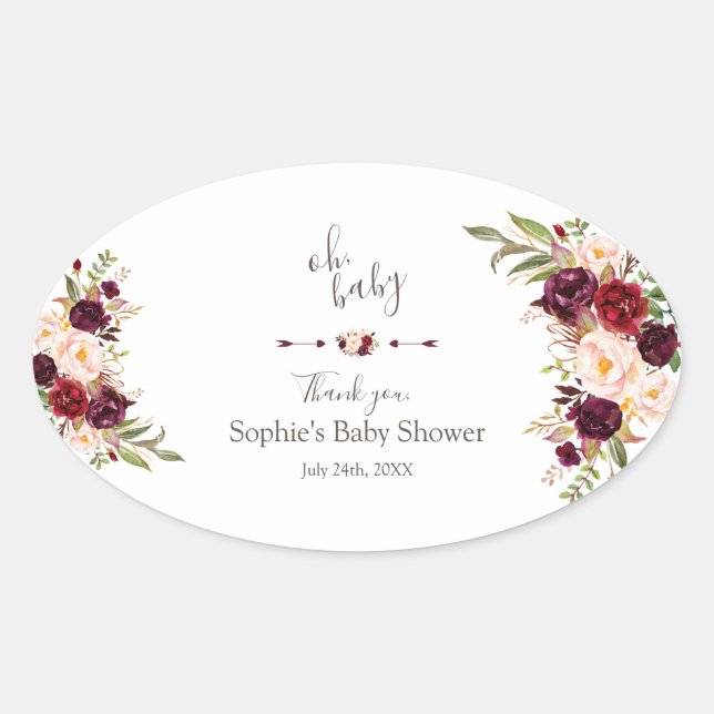 Charm Burgundy Red Marsala Floral BABY SHOWER Oval Sticker (Front)
