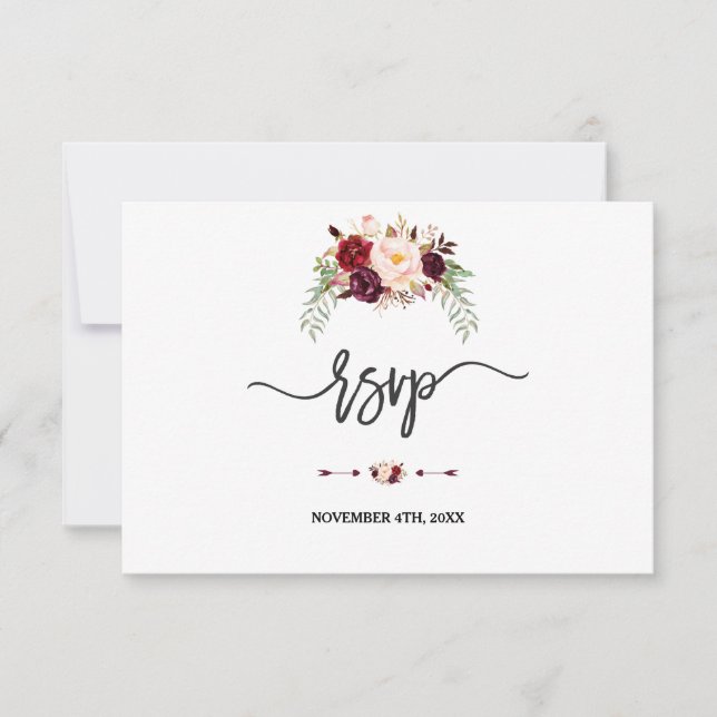 Charm Burgundy Red Marsala Floral Handwriting RSVP Card (Front)