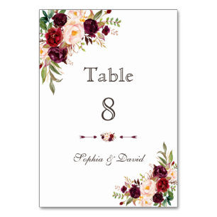 Charm Burgundy Red Marsala Floral Table Number