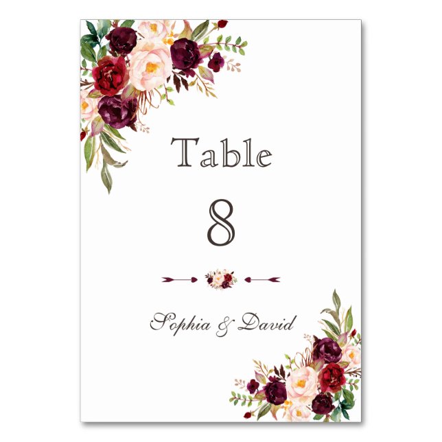Charm Burgundy Red Marsala Floral Table Number (Front)