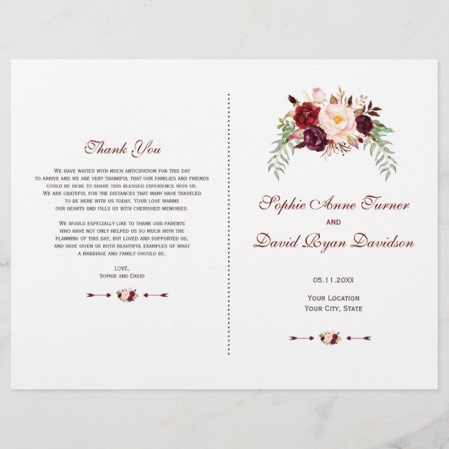 Charm Burgundy Red Marsala Floral Wedding Program Flyer (Front)