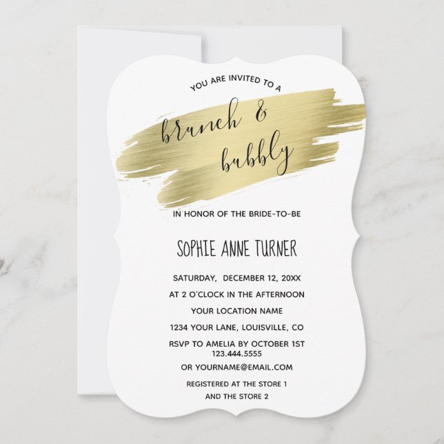 Charm Calligraphy Gold Stroke Brunch & Bubbly Invitation (Front)