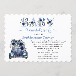 Charm Car Blue Floral Boy Baby Shower Drive By Invitation