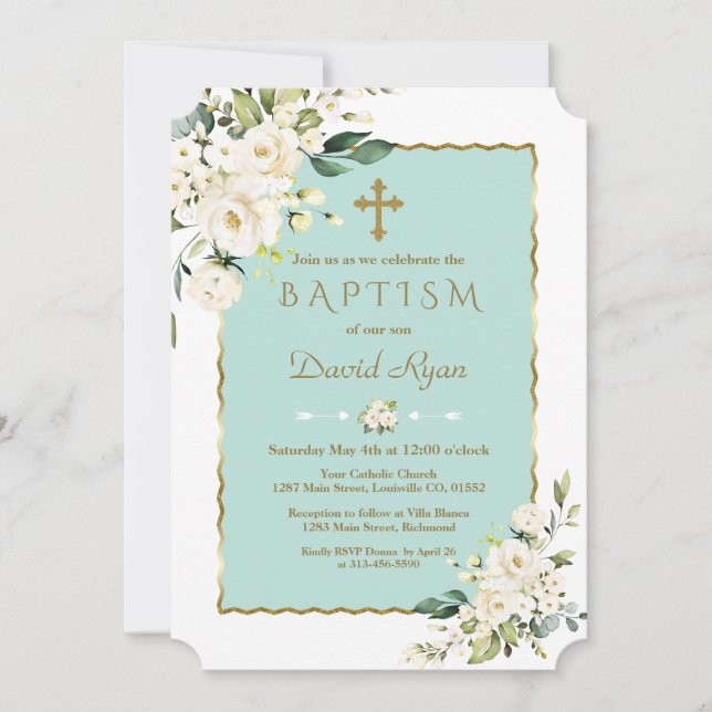 Charm Delicate White Flowers Gold Cross Baptism Invitation (Front)