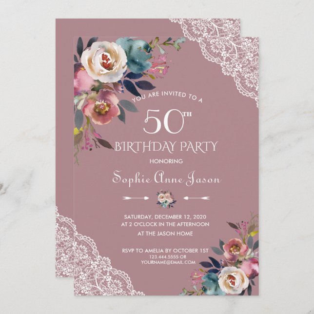 Charm Dusty Blue Dusty Rose Flowers 50th Birthday Invitation (Front/Back)