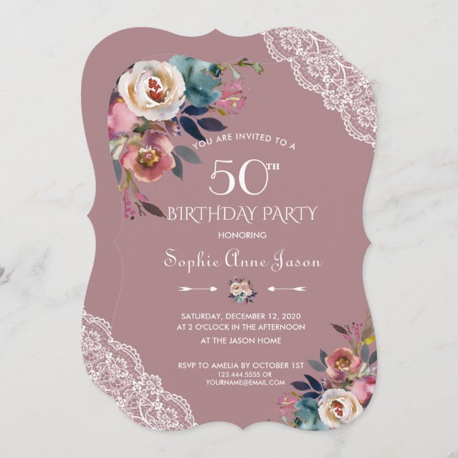 Charm Dusty Blue Dusty Rose Flowers 50th Birthday Invitation (Front/Back)