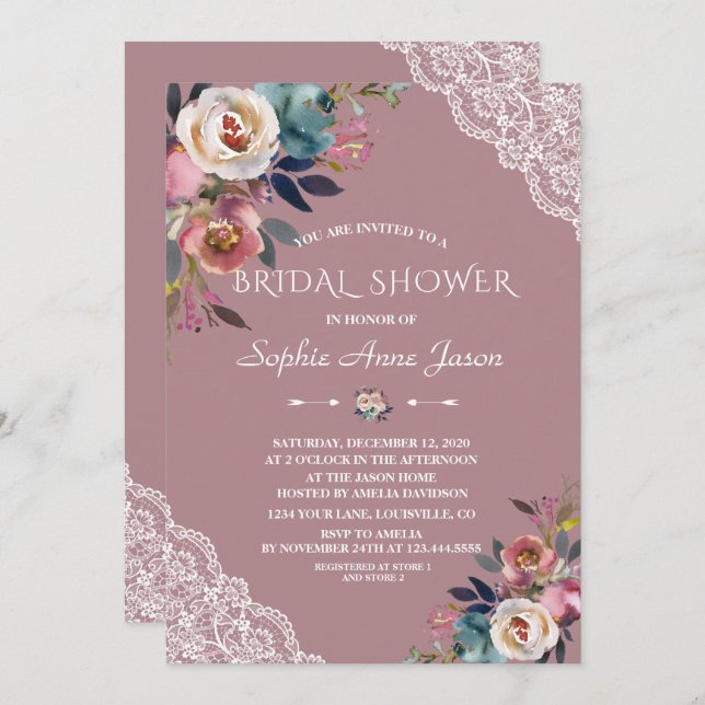 Charm Dusty Blue Dusty Rose Flowers Bridal Shower Invitation (Front/Back)