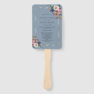 Charm Dusty Blue Floral Misty Roses Gold Wedding Hand Fan