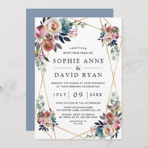 Charm Dusty Blue Misty Rose Floral Gold Wedding Invitation