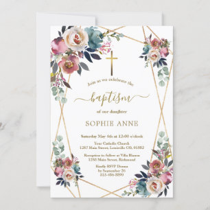 Charm Dusty Blue Misty Rose Flowers Gold Baptism Invitation