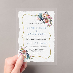 Charm Dusty Blue Misty Rose Flowers Wedding  Acrylic Invitations