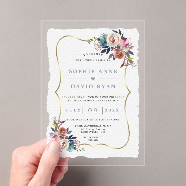 Charm Dusty Blue Misty Rose Flowers Wedding  Acrylic Invitations (Insitu (Handheld))