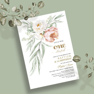 Charm Dusty Rose Flowers First Birthday & Baptism Invitation