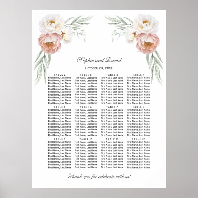 Charm Dusty Rose Flowers Wedding Seating Chart (Front)