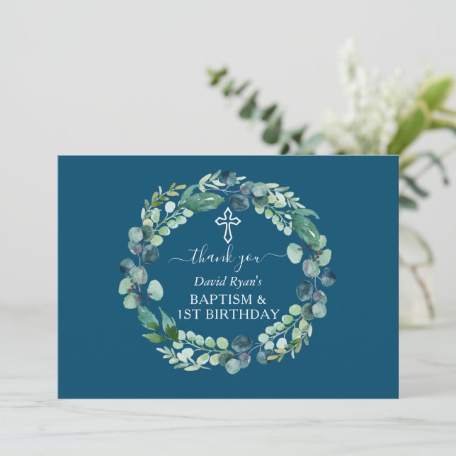 Charm Eucalyptus Wreath Boy Baptism First Birthday Thank You Card (Standing Front)