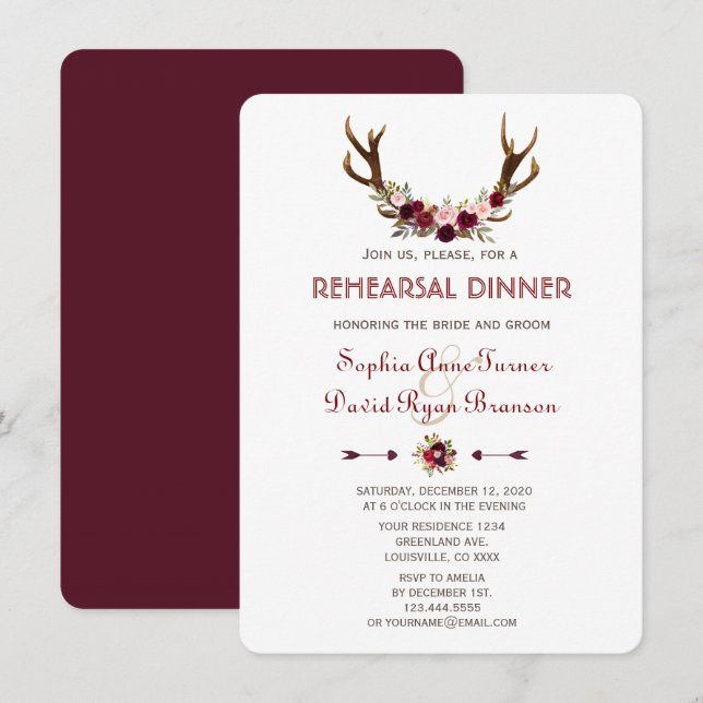 Charm Fall Marsala Floral Antlers Rehearsal Dinner Invitation (Front/Back)