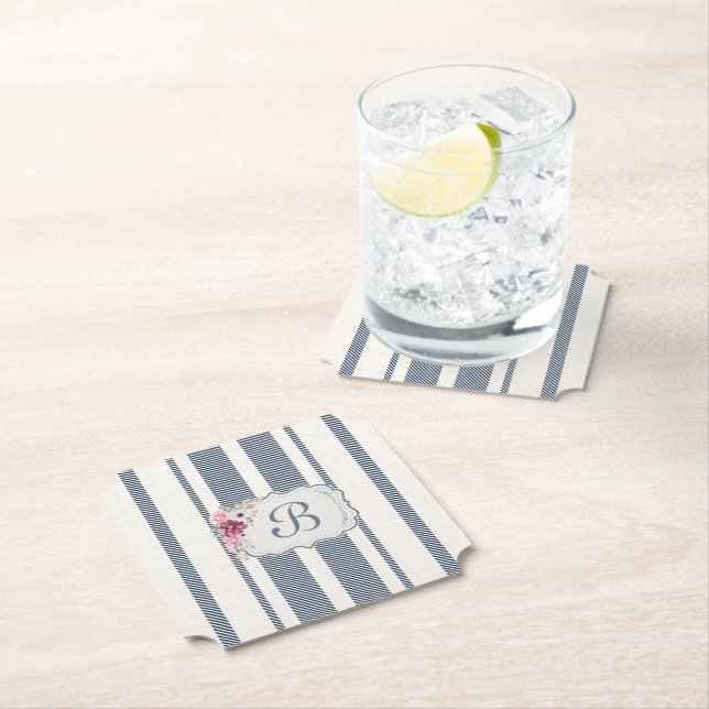 Charm French Farmhouse Blue and white Striped Paper Coaster (Insitu)