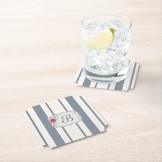 Charm French Farmhouse Blue and white Striped Paper Coaster (Insitu)