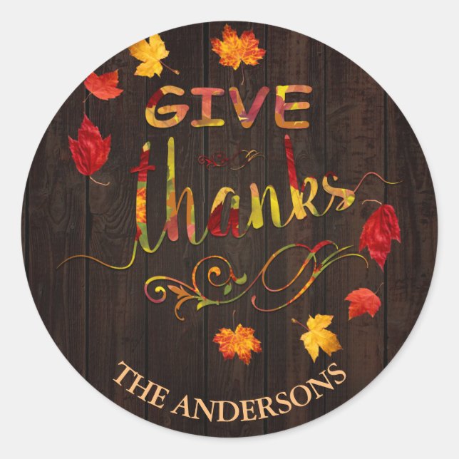 Charm Give Thanks Wood Thanksgiving Monogram Classic Round Sticker (Front)