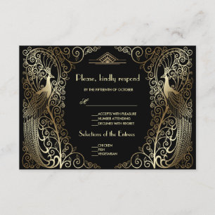 Charm Gold Art Deco Peacocks Wedding RSVP Card