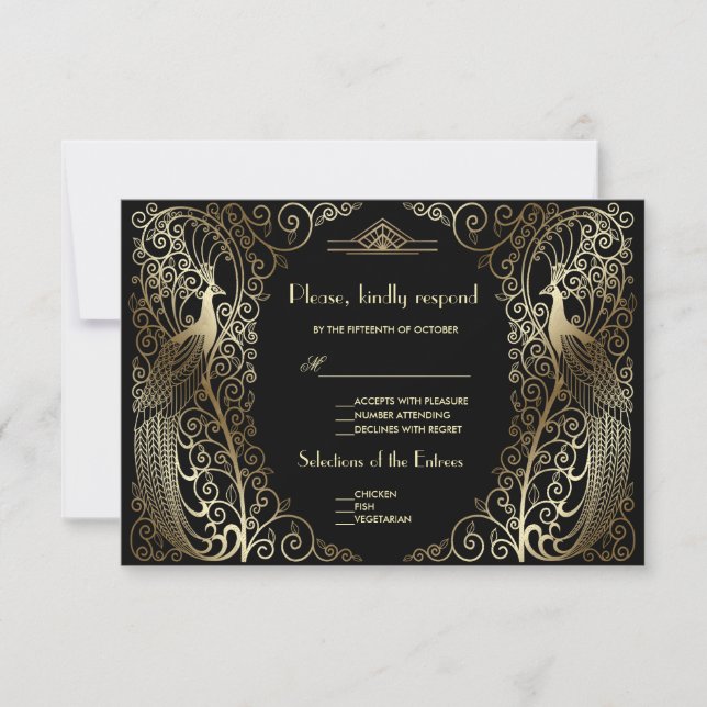 Charm Gold Art Deco Peacocks Wedding RSVP Card (Front)