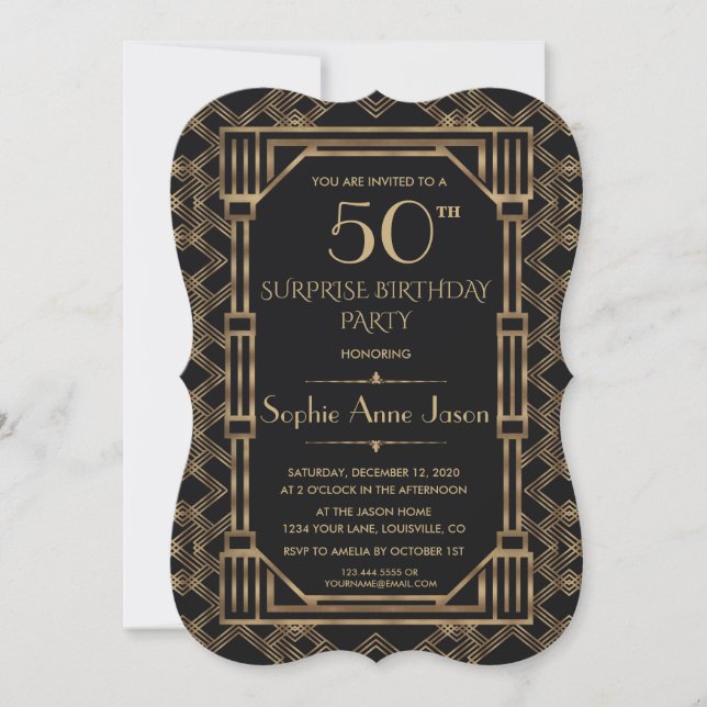 Charm Gold Black Great Gatsby 50th Birthday Party Invitation (Front)