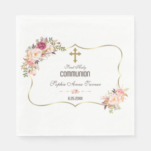 Charm Gold Blush Pink Floral Holy Communion Napkin
