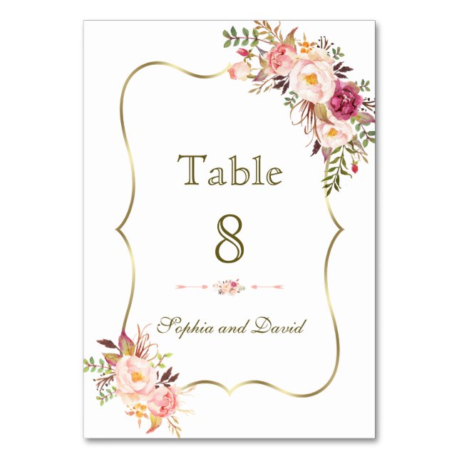 Charm Gold Blush Pink Floral Table Number (Front)