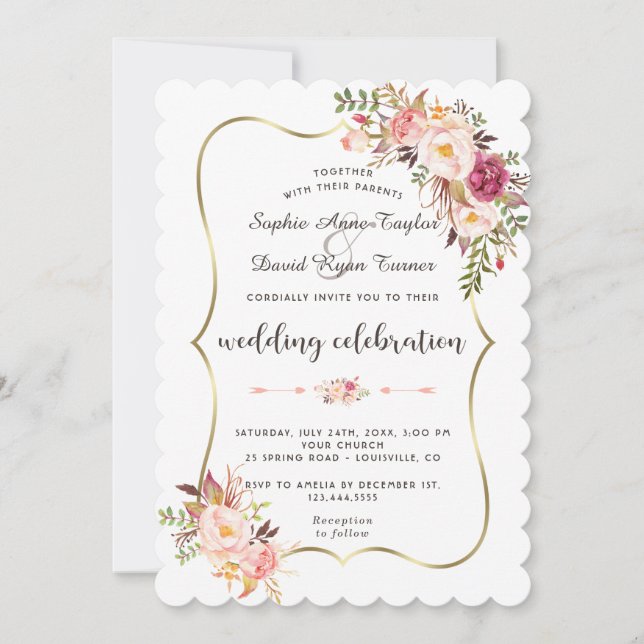 Charm Gold Blush Pink Floral Wedding Invitation (Front)