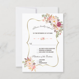 Charm Gold Blush Pink Floral Wedding RSVP Card
