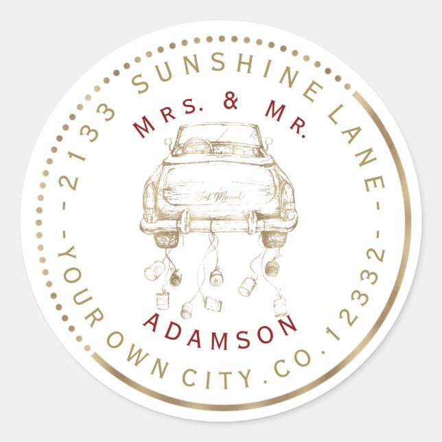 Charm Gold Car Just Married Circular Address Label (Front)