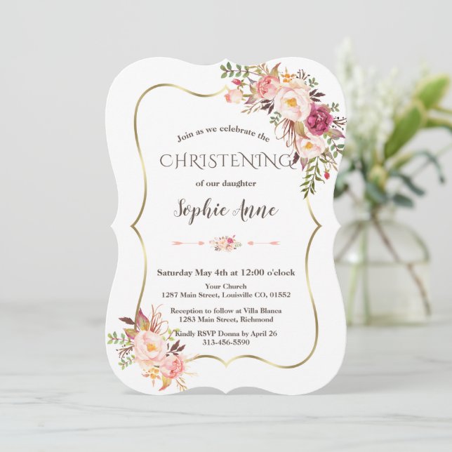 Charm Gold Frame Blush Pink Floral Christening Invitation (Standing Front)